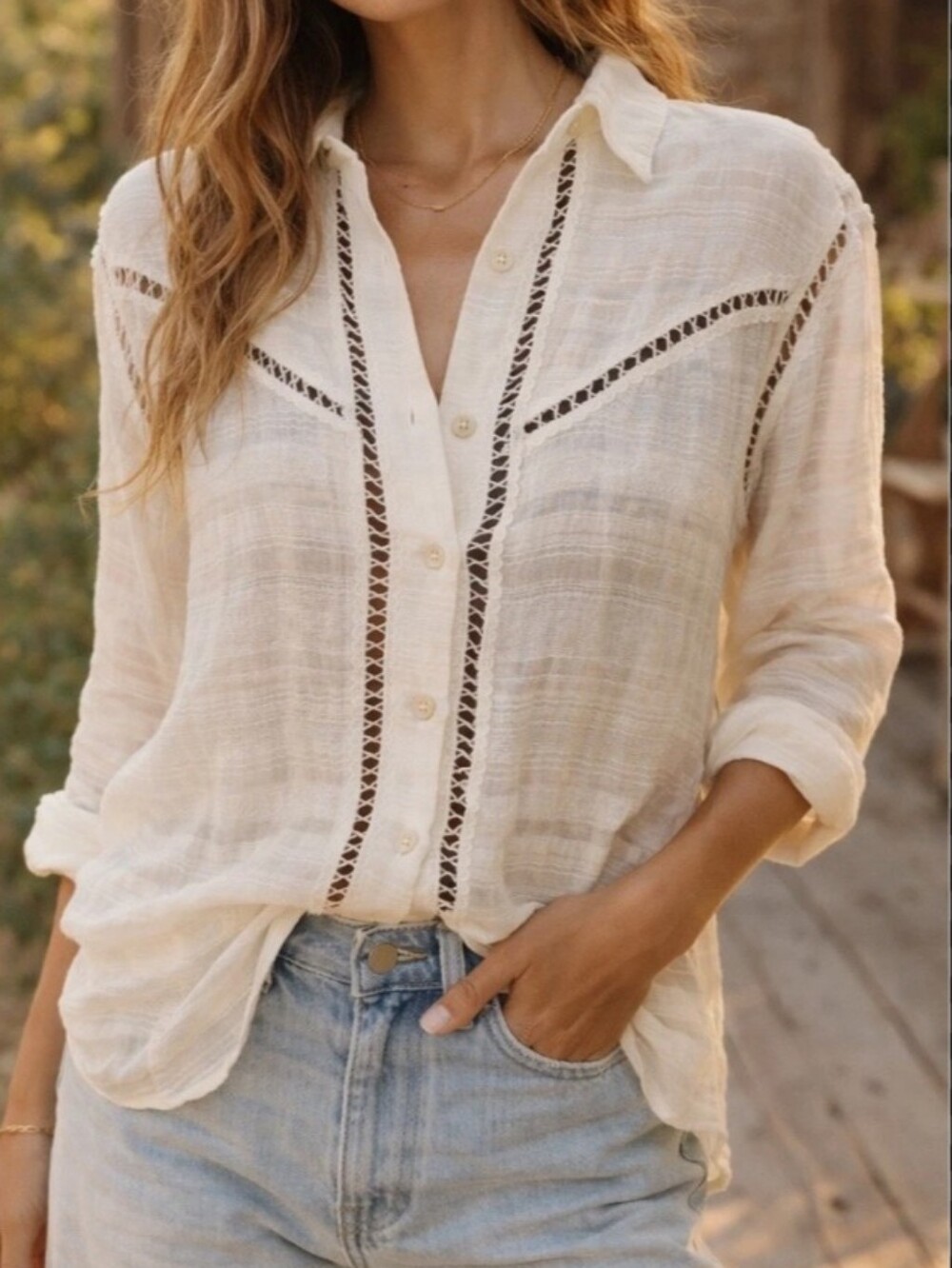 Chelsea & Violet Textured Button Boho Chic Top Blouse Large